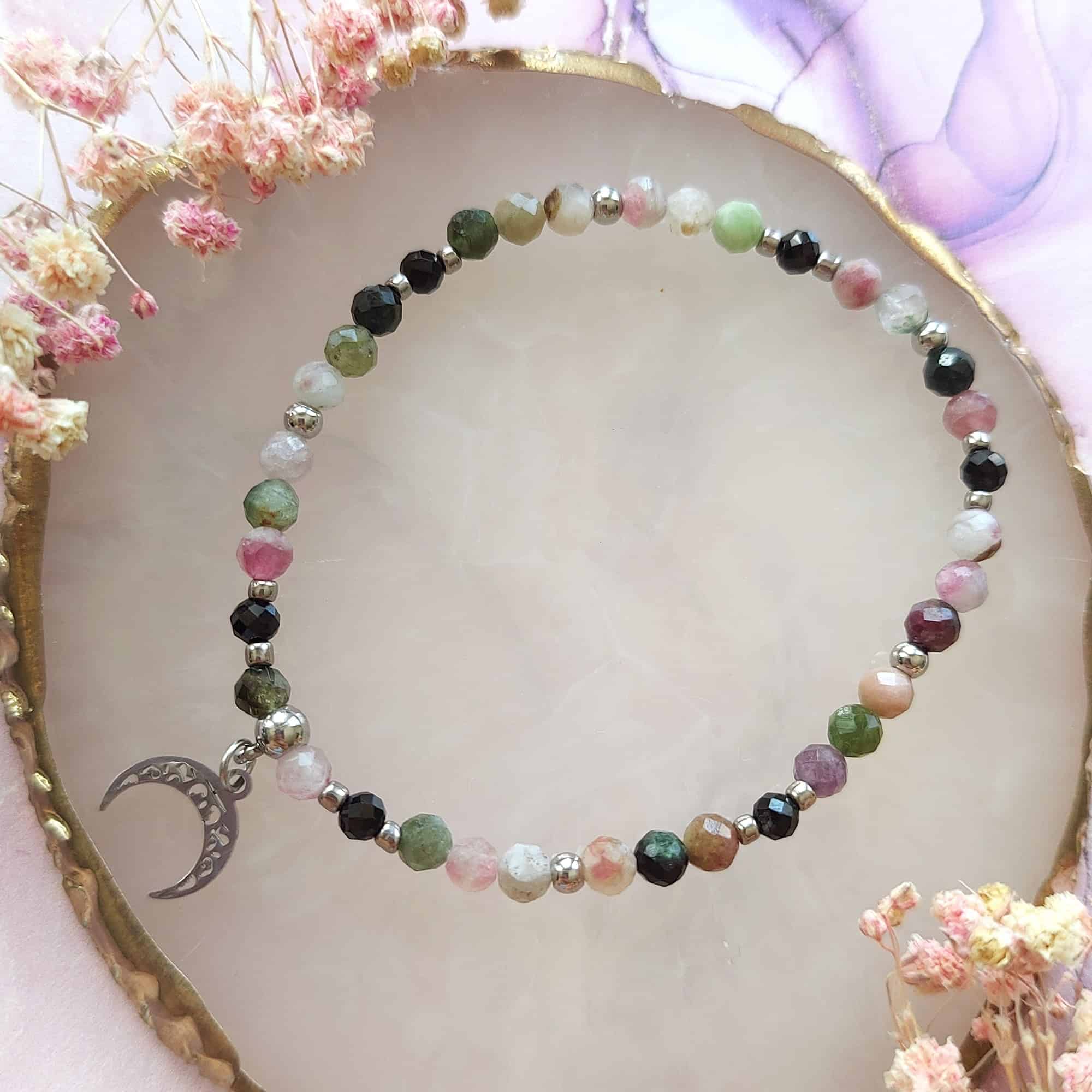 ✦ Turmalin wielokolorowy ✦ bransoletka srebrna z zawieszką półksiężycem 3 turmalin wielkolorowy bransoletka srebrna z zawieszką półksiężycem całość