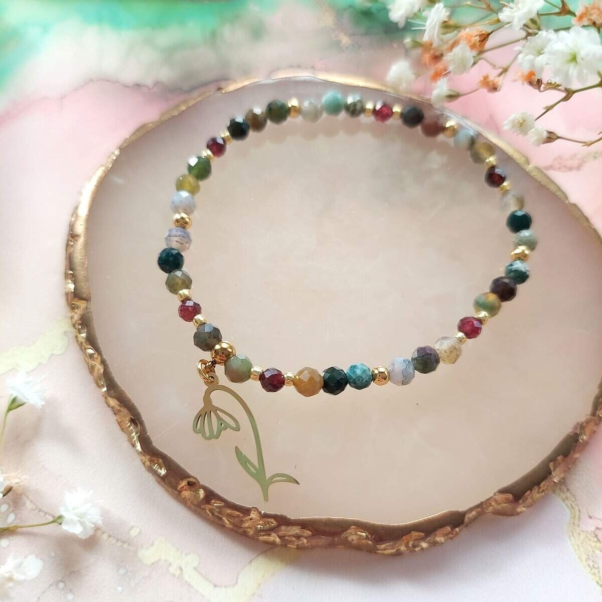 ✦ Styczeń ✦ bransoletka złota z zawieszką 1 styczeń minerały bransoletka kwiaty złote całość
