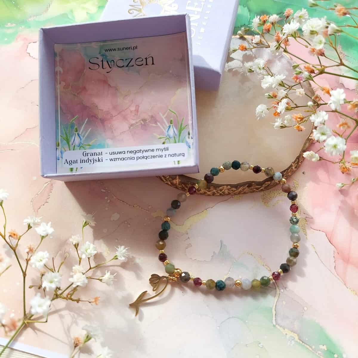 ✦ Styczeń ✦ bransoletka złota z zawieszką 3 styczeń minerały bransoletka kwiaty złote