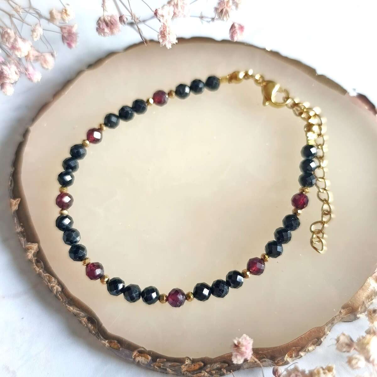 ✦ Turmalin czarny z granatem ✦ bransoletka na lince złota 1 bransoletka turmalin granat